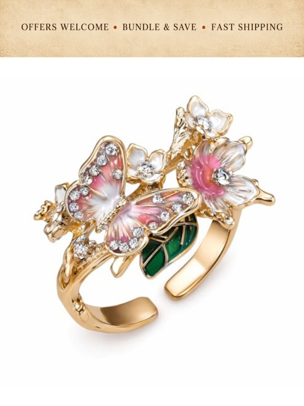 Butterfly Flower Statement Ring Adjustable Open Band Enamel Crystal Accents